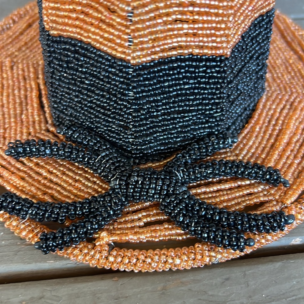 Beaded Halloween orange and black witch hat decor spider detail 15 in tall - Picture 2 of 10